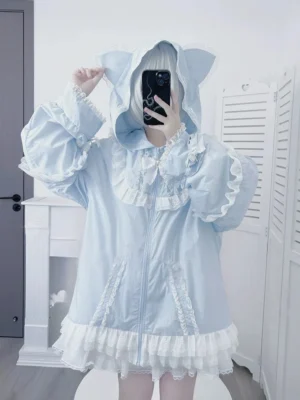 Light blue water-blue cat-ear hooded sun jacket with delicate lace ruffles and zip front closure detail