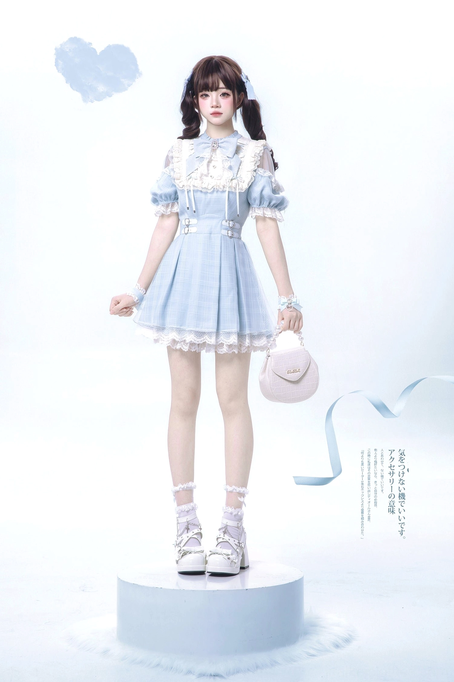 Water blue Jirai Kei dress front full body straight standing pose on round platform with blue hair bows twin ponytails white lace details