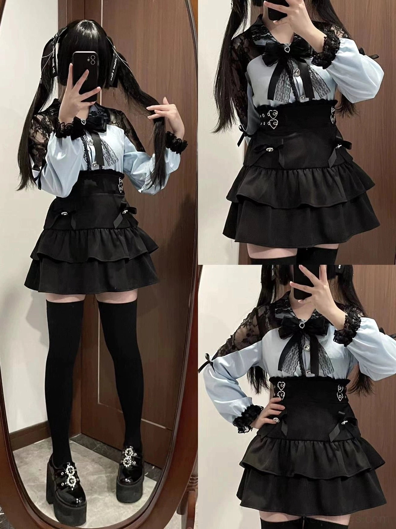 Water blue Jirai Kei skirt set with heart-shaped decorative buckles lace collar details and platform shoe styling
