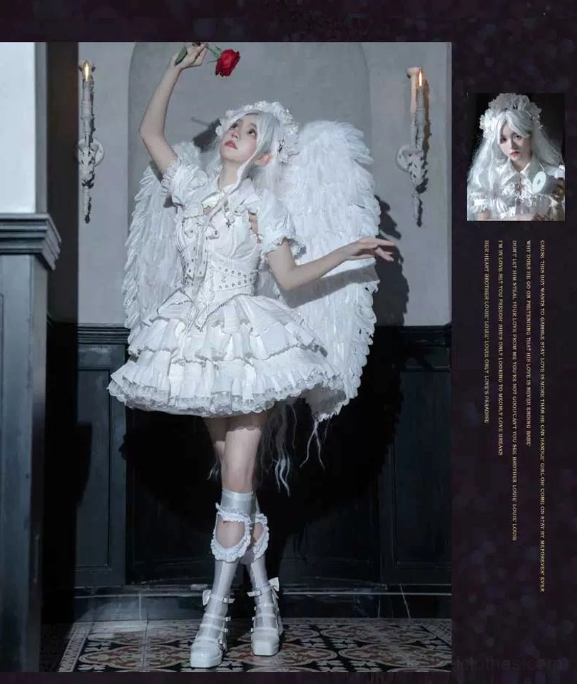 White angel-themed Gothic Lolita dress full-body standing view on model with white angel wings matching leg accessories