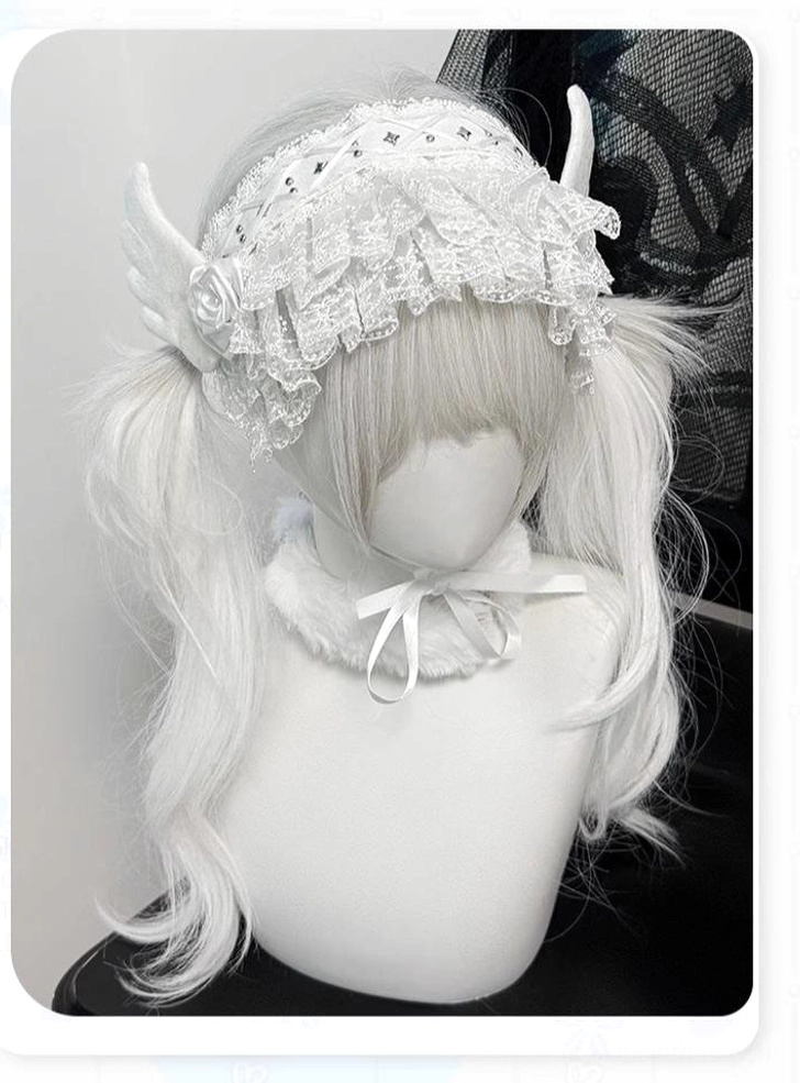 White Jirai Kei hair accessory back three-quarter view worn on mannequin with white twin ponytails and matching bow choker featuring ruffled lace angel wing and rose flower detail