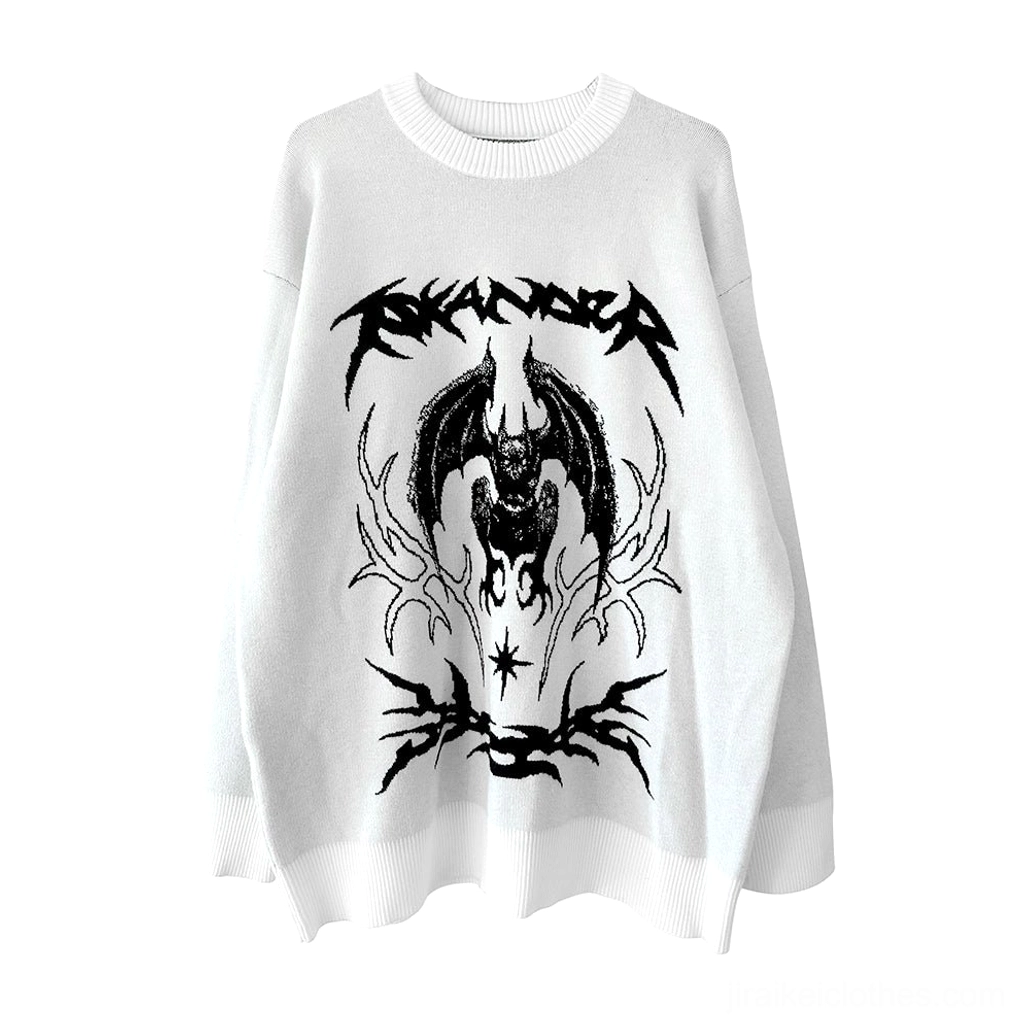 White bat embroidered gothic knit sweater product detail flat lay jirai kei aesthetic pure white crew neck