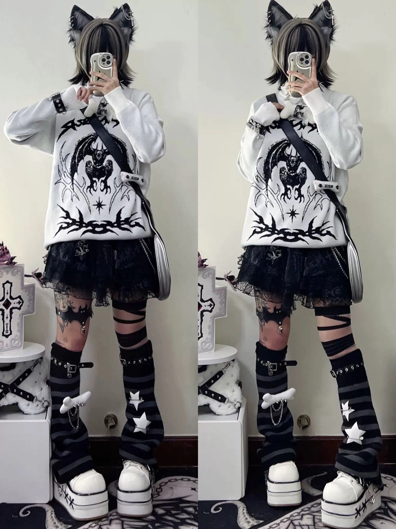 White bat sweater jirai kei aesthetic styling guide with accessories coordination cross necklace platform boots