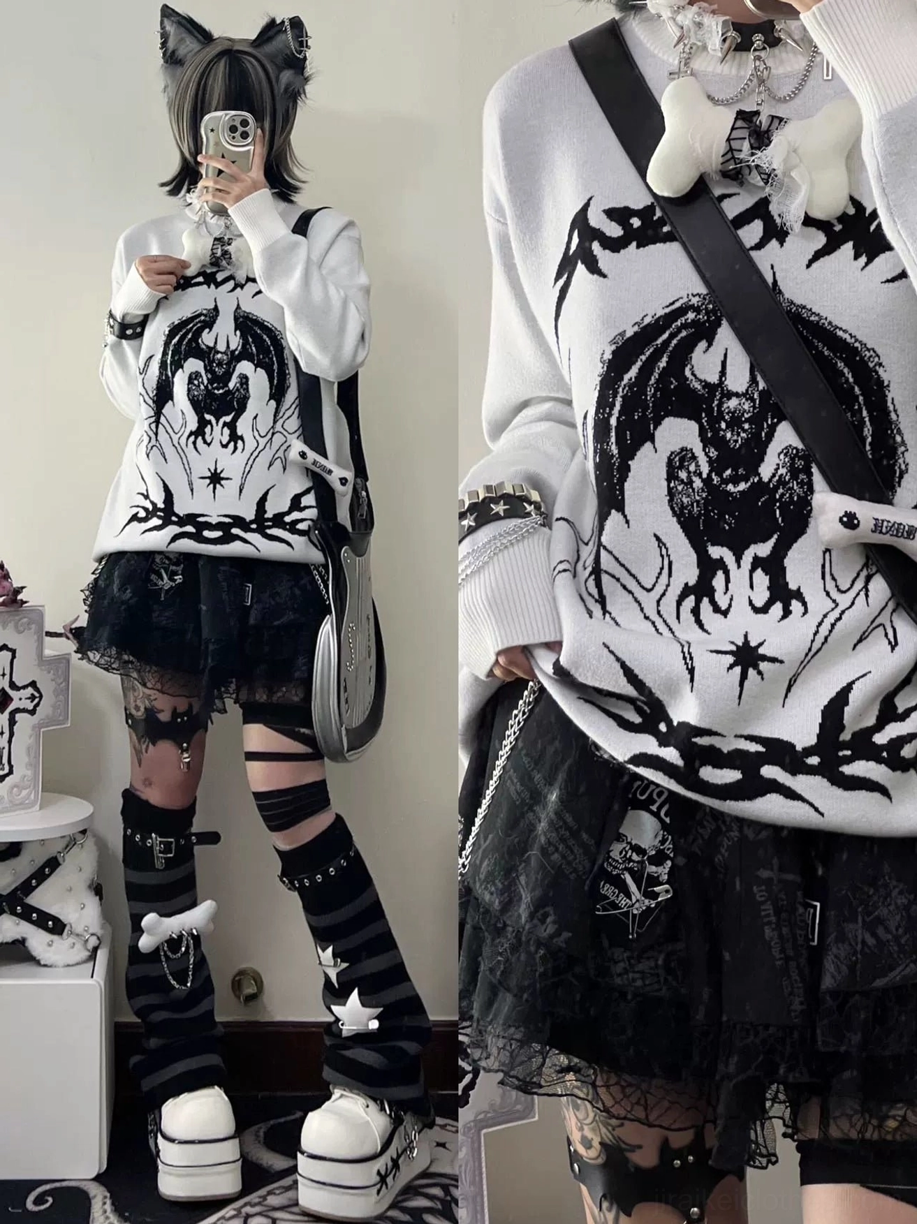 White bat embroidered punk sweater styled with black lace skirt striped stockings and platform shoes indoor scene