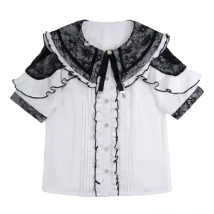 White and Black Jirai Kei Blouse featuring Double Lace Collar, Pleated Front, and Black Bow Tie - Studio Flat Lay