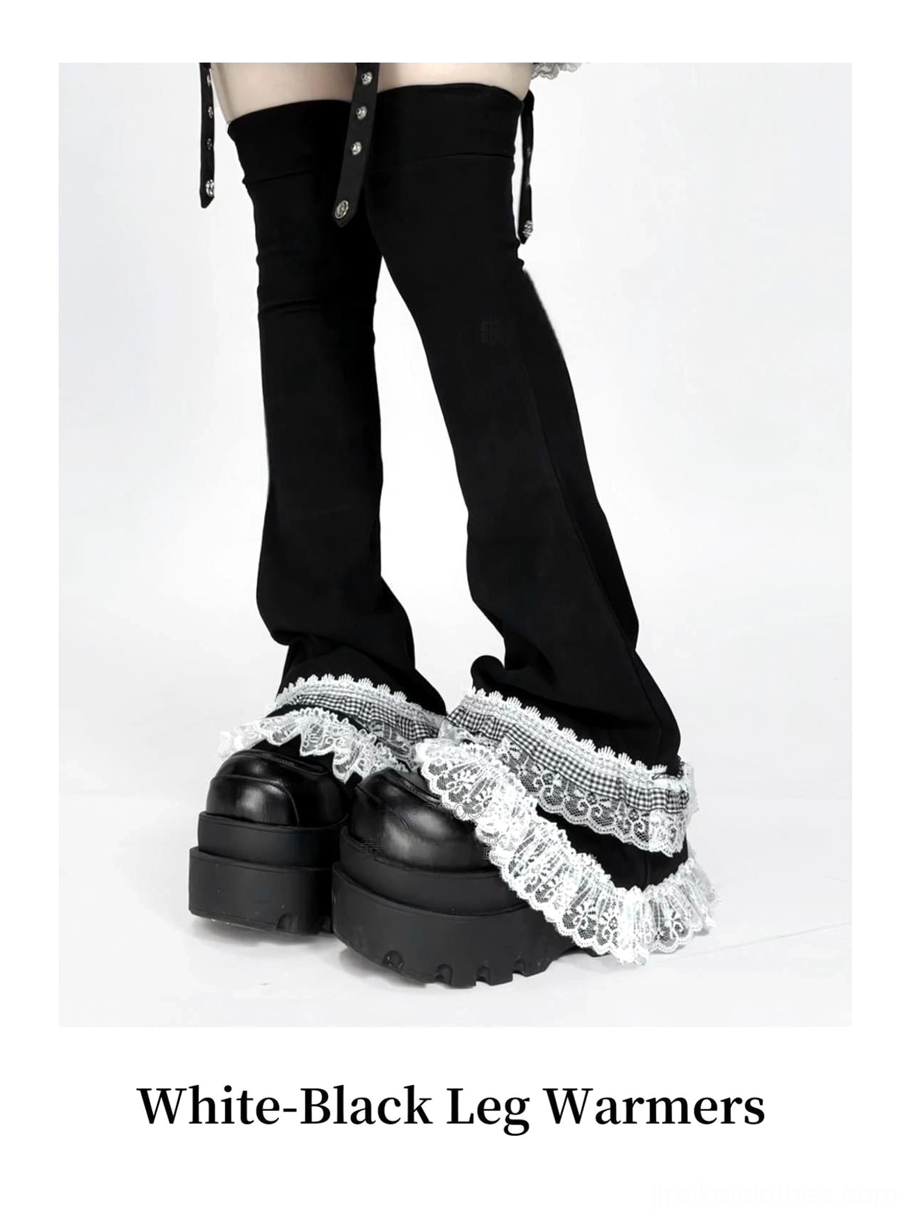White-black plaid jirai kei leg warmers featuring classic plaid fabric at hem, lace ruffles and adjustable buckle fasteners