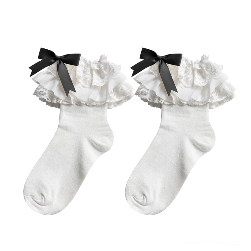 White-black short Jirai Kei mid-calf lace socks color-blocked design ruffled lace bow details edgy romantic