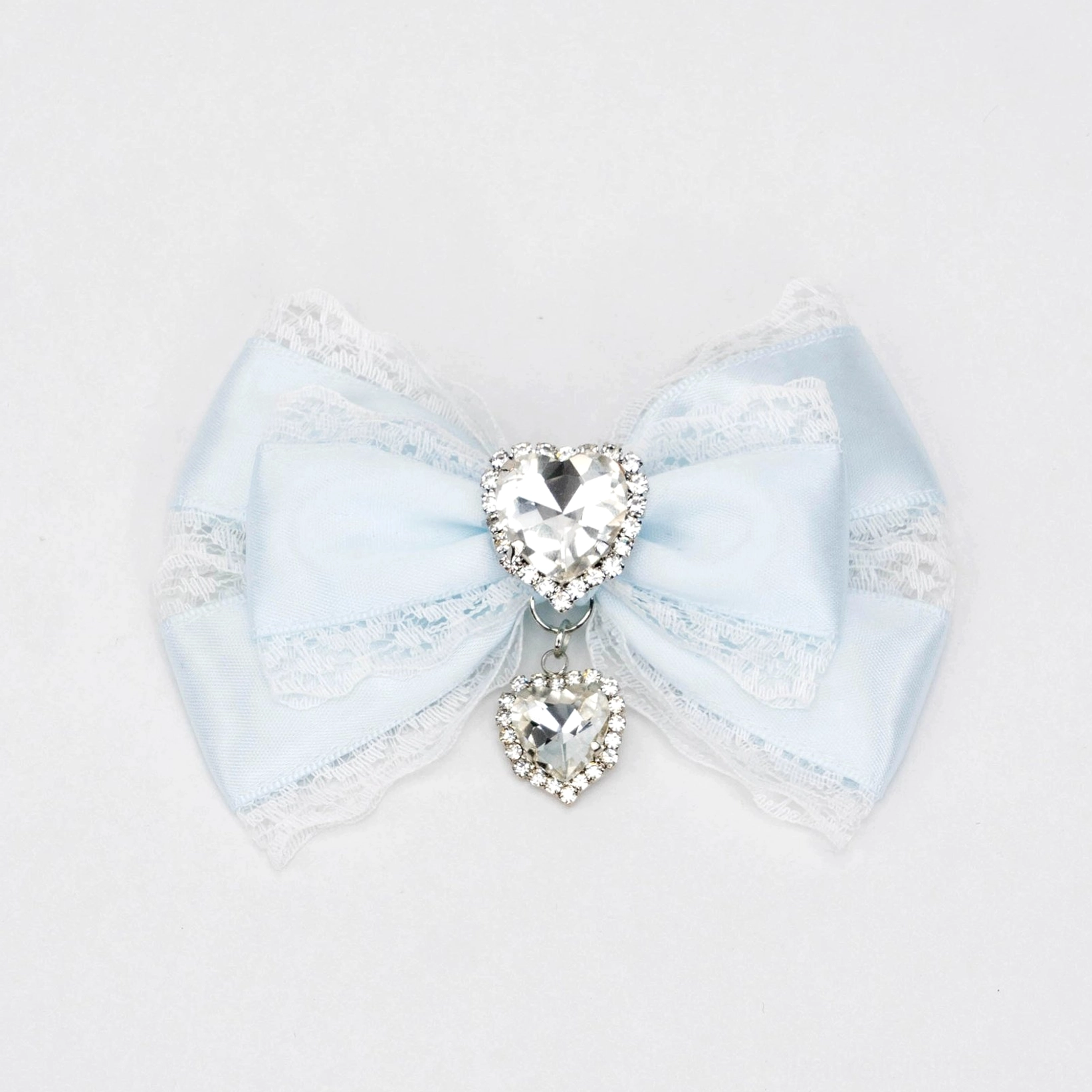 white and blue jirai kei lace bow hair clip blue satin with white lace heart rhinestone decorative pendant