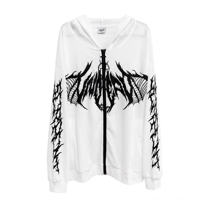 White Jirai Kei zip hoodie with black skeletal wing and demon prints, flat lay showcase of goth punk unisex sweatshirt with thorn-style sleeve typography