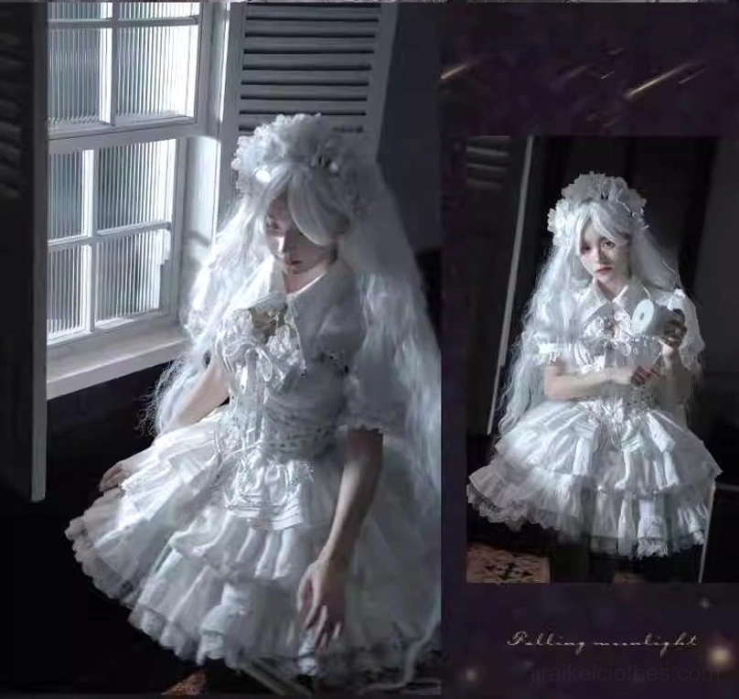 White bridal-style Lolita dress indoor multi-angle view on female model wearing white wig headdress lace layered skirt delicate bow