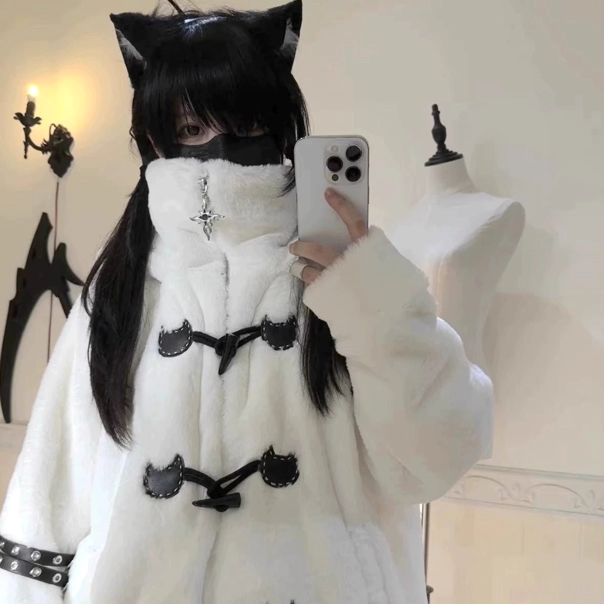 White cat ear hooded jirai kei faux fur coat one size complete outfit styling display