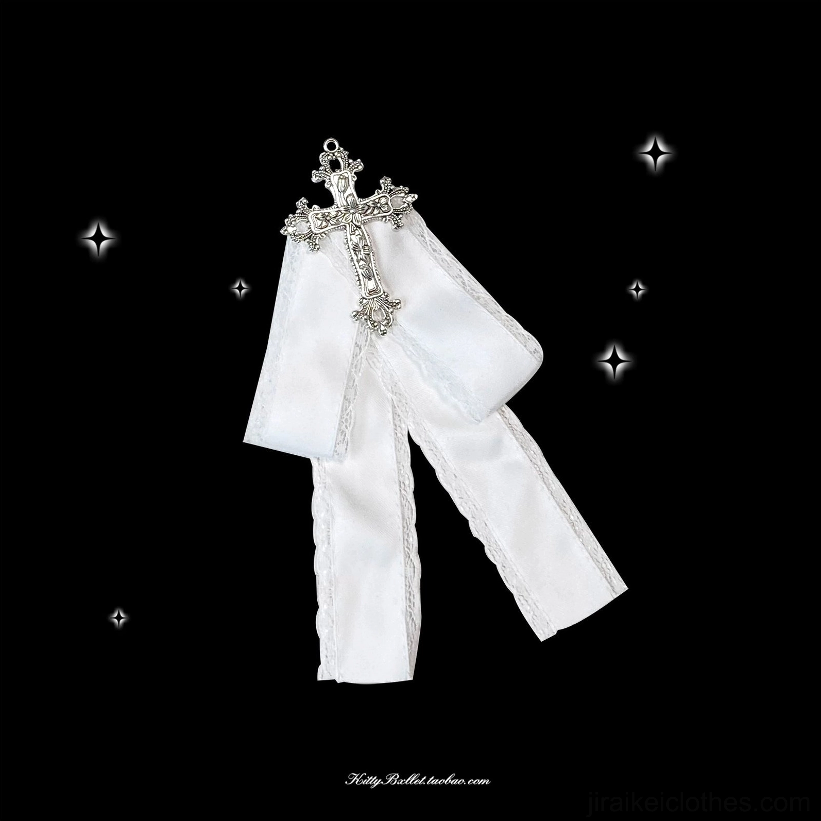 white cross ornate ribbon bow brooch jirai kei silver gem center long tails