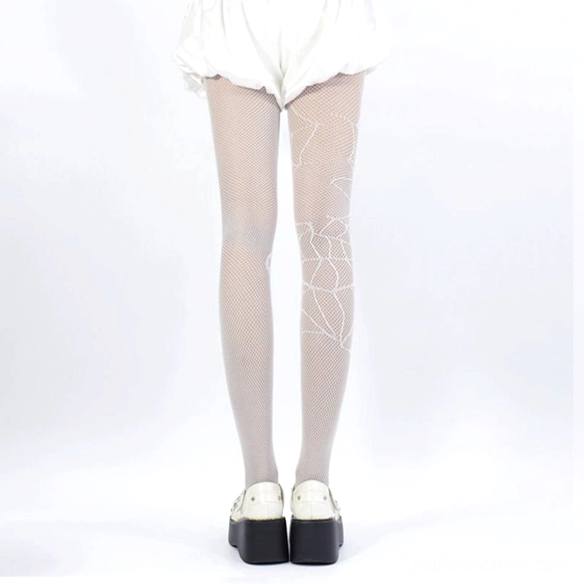 Plain white fishnet tights front full leg view with white shorts platform shoes clean mesh texture