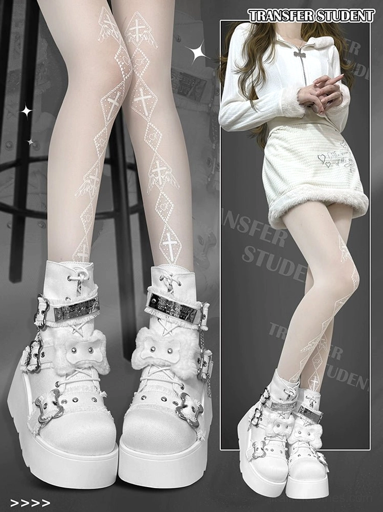 White gloss platform Martin boots front flat view, silver metal star buckles and chunky white platform sole, worn with white mini skirt and patterned tights - Jirai Kei aesthetic