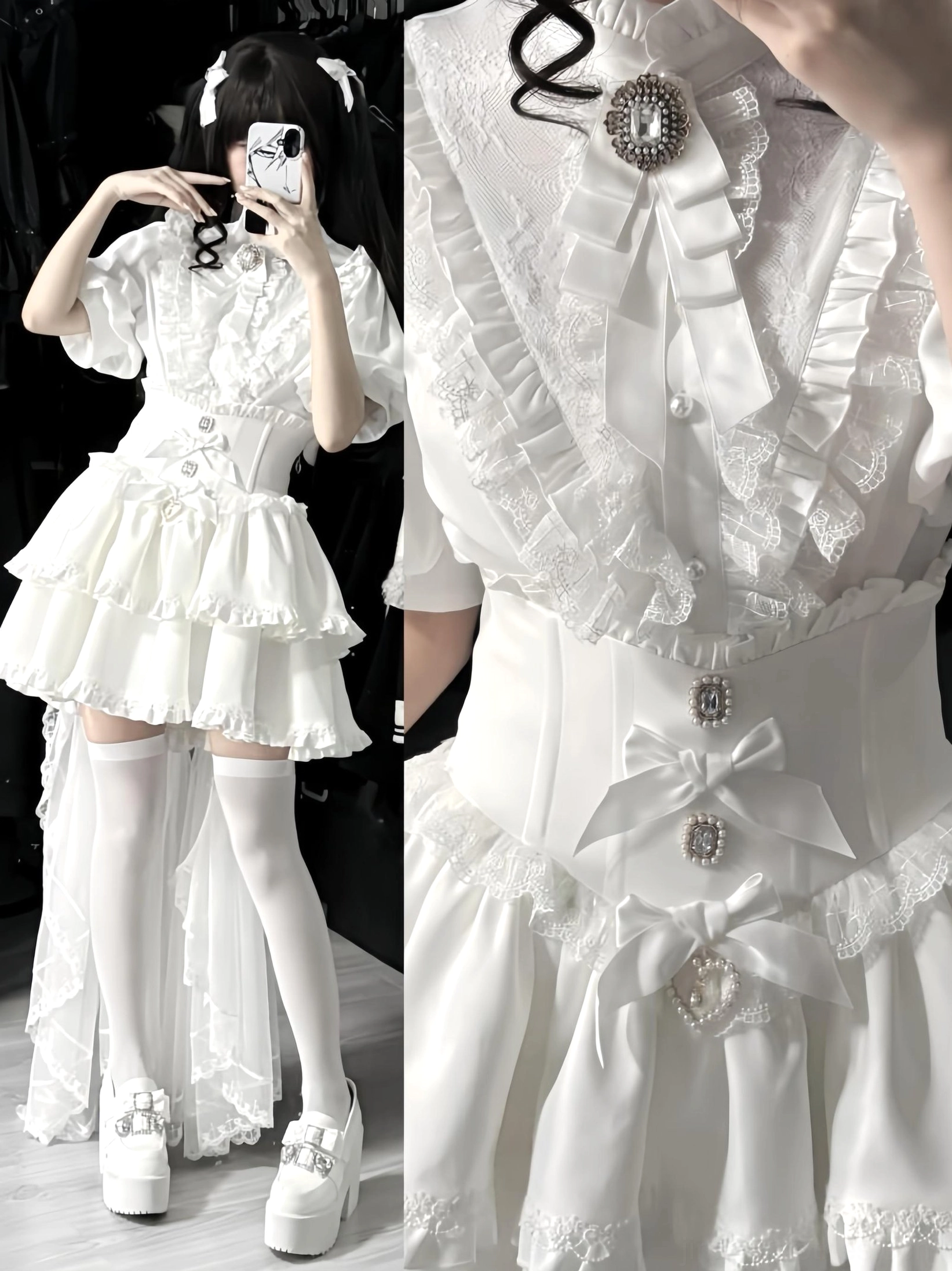 White gothic blouse with adjustable back straps and thickened crinkled chiffon construction, detailed front view showing ruffled collar and brooch attachment system