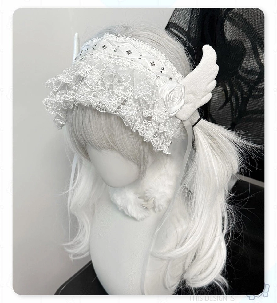 White lace Jirai Kei headband side front view on mannequin with white twin ponytails and fur neck collar showing ruffled lace edge angel wing fabric rose and ribbon ties