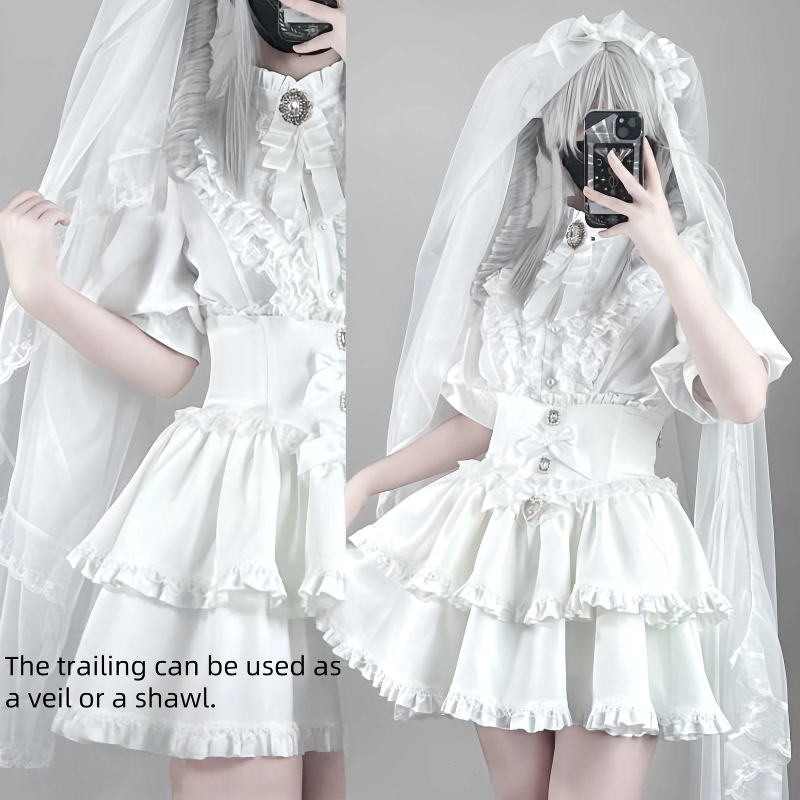 White gothic lolita fishbone waist skirt with layered ruffles and detachable trailing component for versatile jirai kei styling, elegant romantic aesthetic