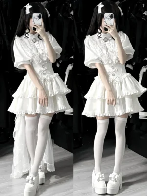 White gothic lolita two-piece set with puff sleeves blouse and tiered ruffled lace skirt, full body front view displaying romantic lace trims and detailed construction