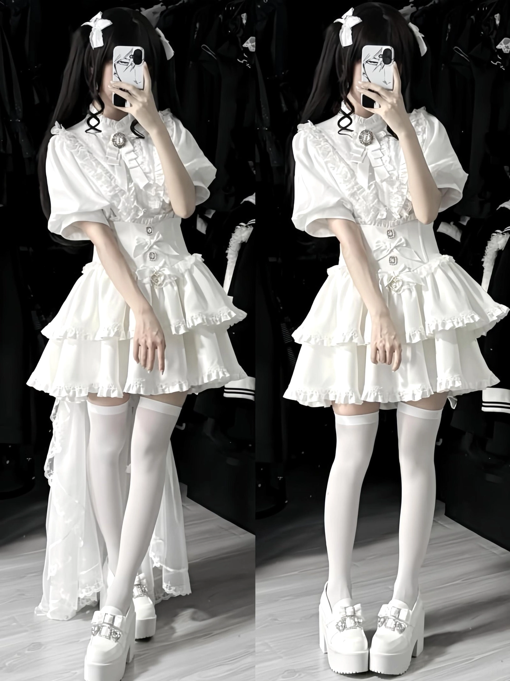 White gothic lolita two-piece set with puff sleeves blouse and tiered ruffled lace skirt, full body front view displaying romantic lace trims and detailed construction