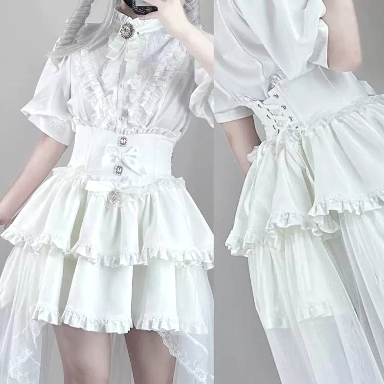 White gothic lolita two-piece set skirt with detachable trailing component featuring fishbone waistband and tiered lace hem, available in sizes S M L XL