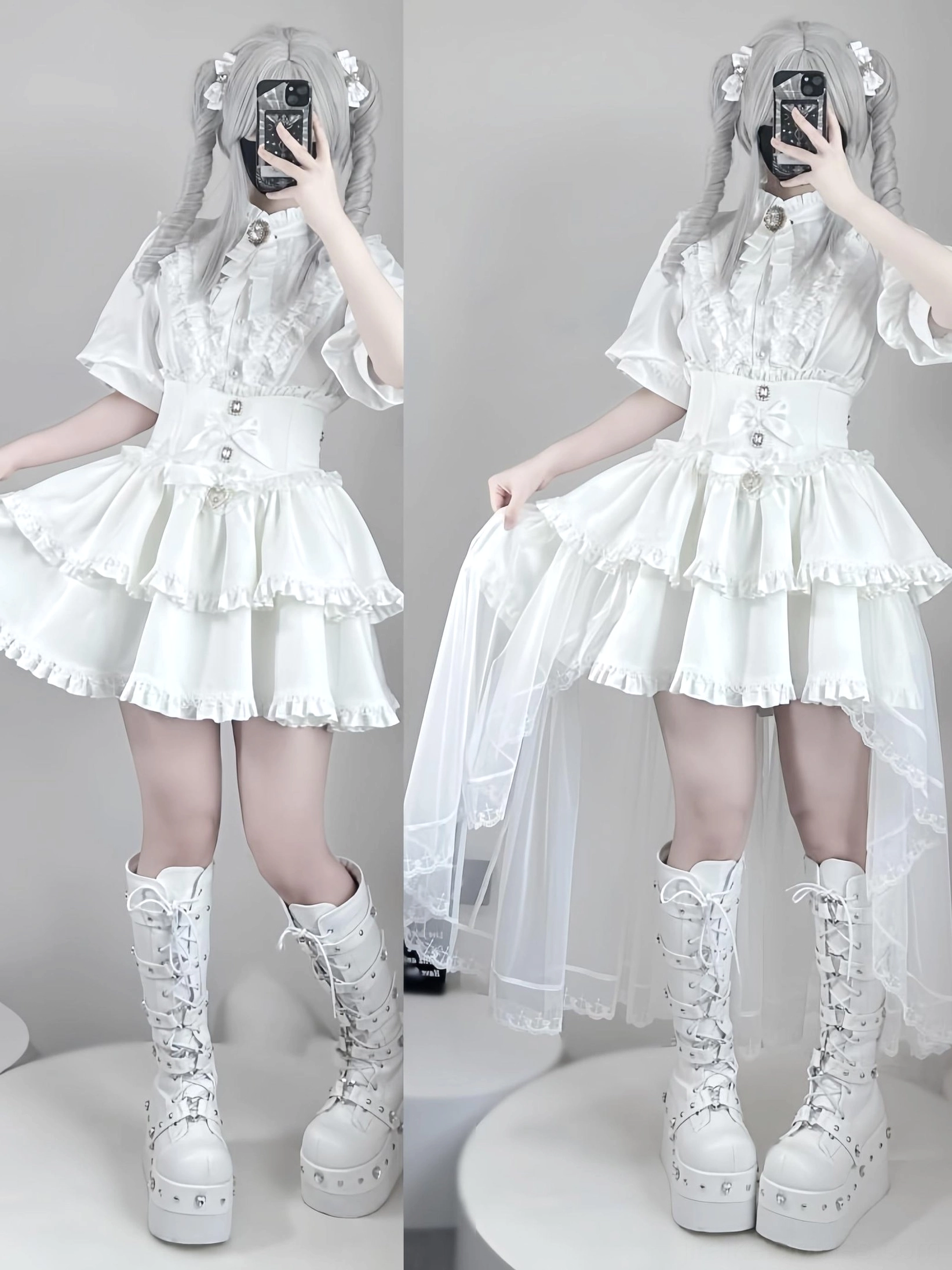 White gothic ruffled blouse with stand-up collar and detachable ribbon brooch brooch, professional product photography showcasing construction details and premium crinkled chiffon fabric