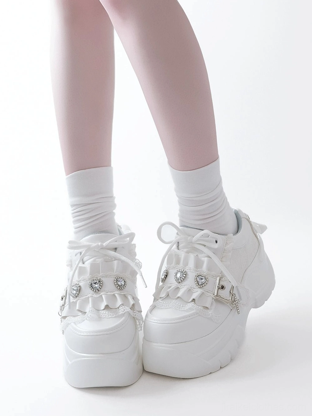 White heart rhinestone jirai kei platform shoes complete product view gothic lolita subculture fashion