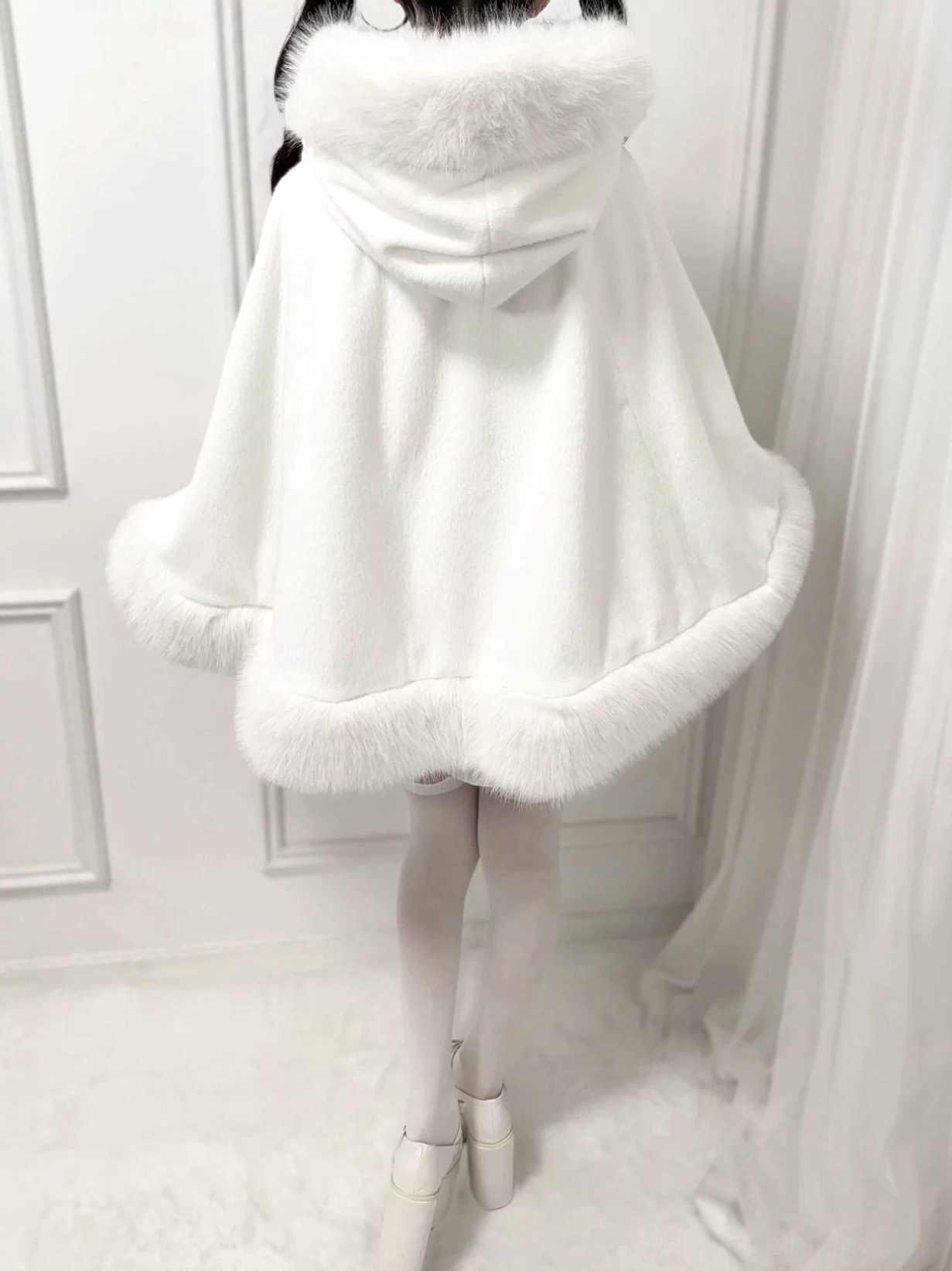 White hooded winter cape coat with faux fur trim back view, Jirai Kei alternative fashion style