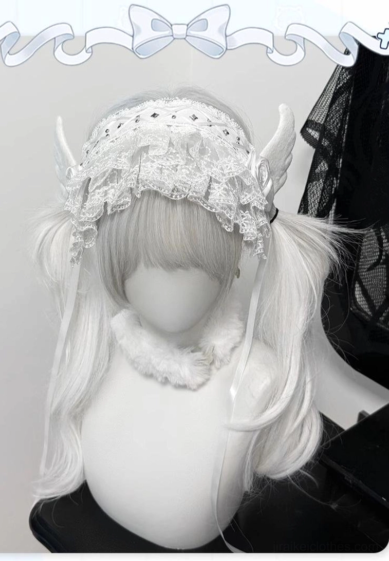 White angel wing Jirai Kei lace hairband front close-up view on mannequin with white twin ponytails showcasing ruffled lace trim fabric rose accent and angel wing decorations