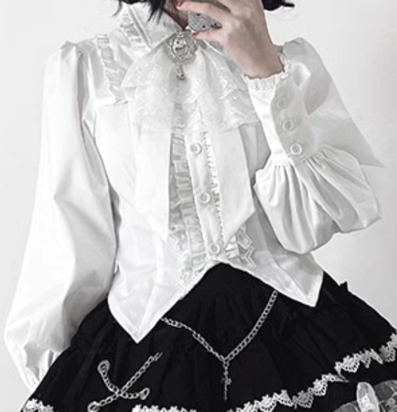 White new version Jirai Kei blouse TR fabric pleated lace collar shoulder accents