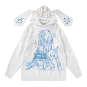White bunny ear hooded knit sweater with star patterned patches and fuzzy anime girl print flat lay front view jirai kei aesthetic