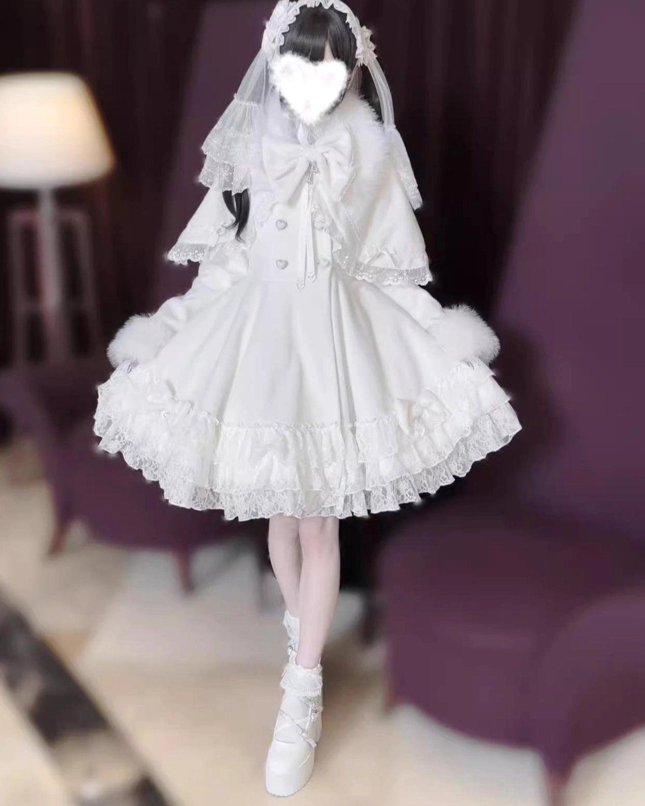 White Jirai Kei cape coat bow embellishment and decorative details showcasing gothic-lolita aesthetic elements
