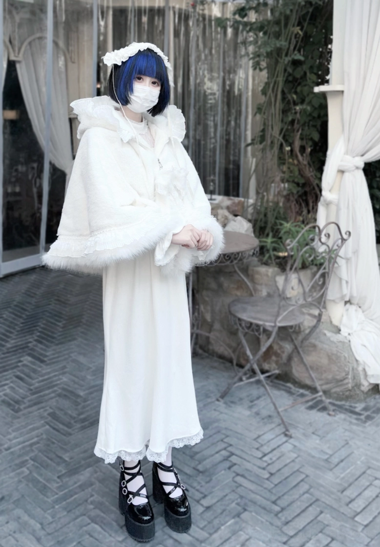 White cat ear fleece cape coat styled outfit showing versatility and angelic interpretation of jirai kei fashion with complementary accessories