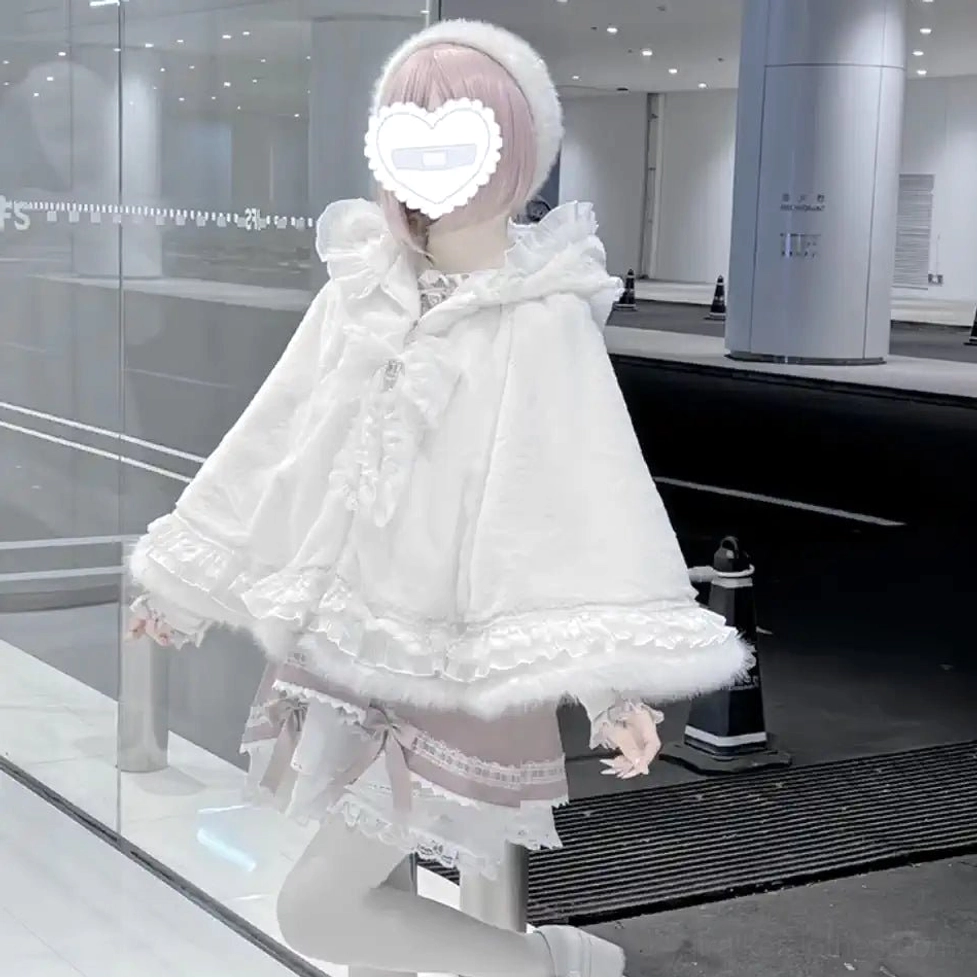 Complete product shot of white jirai kei cat ear fleece cape hoodie coat with all design features visible including ruffle trim and hood