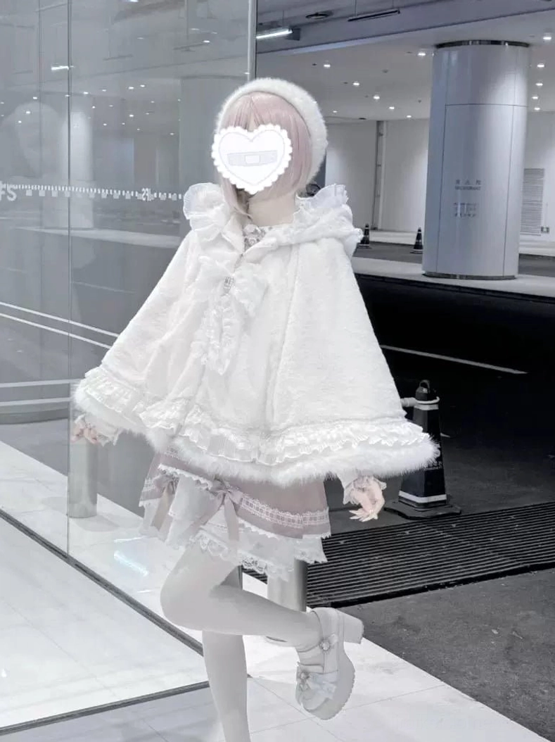 White jirai kei cat ear fleece cape hoodie coat front display showing lightweight aesthetic and ethereal angel-inspired style interpretation
