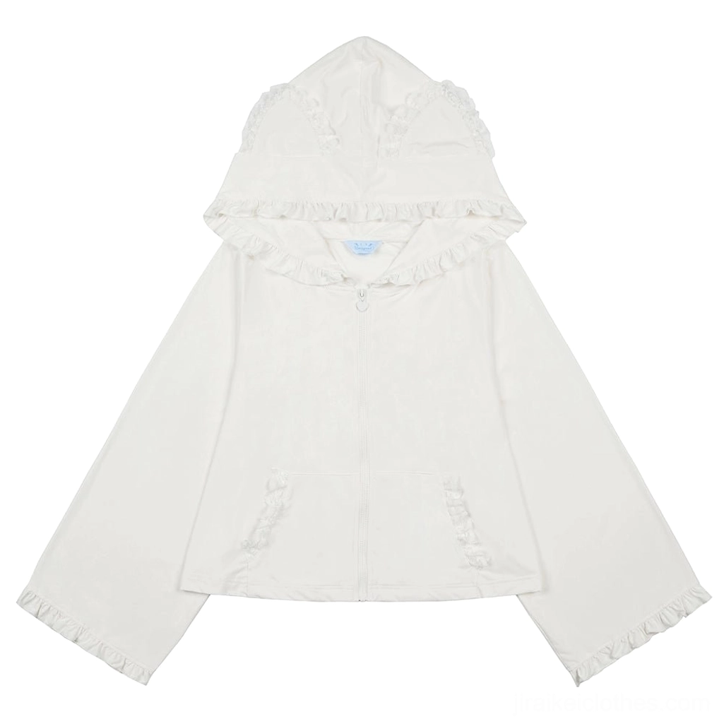 White cat ear hooded jacket flat lay showing ruffled hood trim, lace details, and solid white color Jirai Kei aesthetic