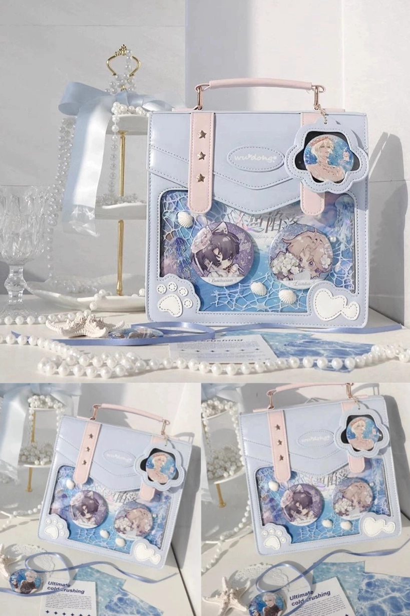 white jirai kei cat paw ita bag clean aesthetic clear display panel studio lighting
