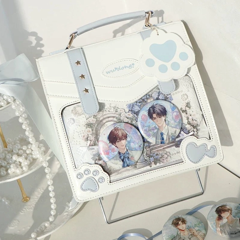 white jirai kei cat paw ita bag pure color option anime style clear display aesthetic