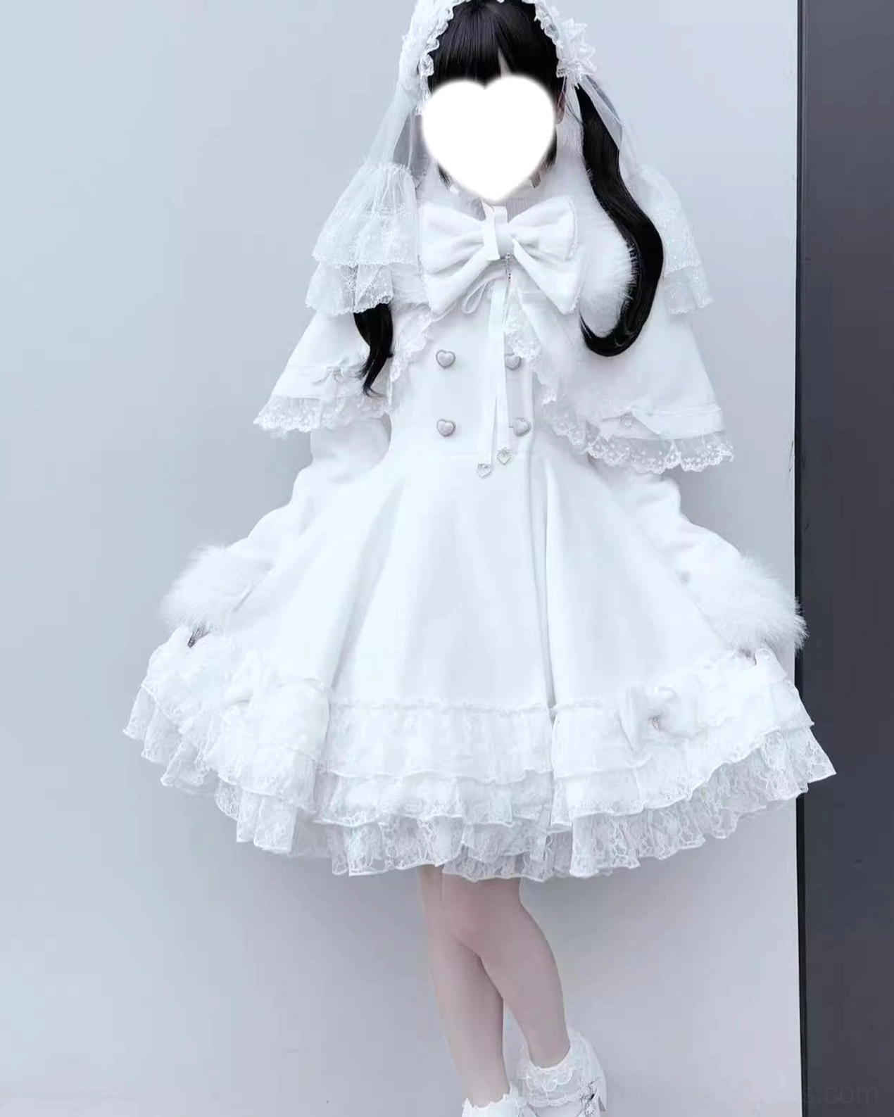 Close-up of white Jirai Kei coat lace hem design, layered ruffles, and sophisticated fabric construction details