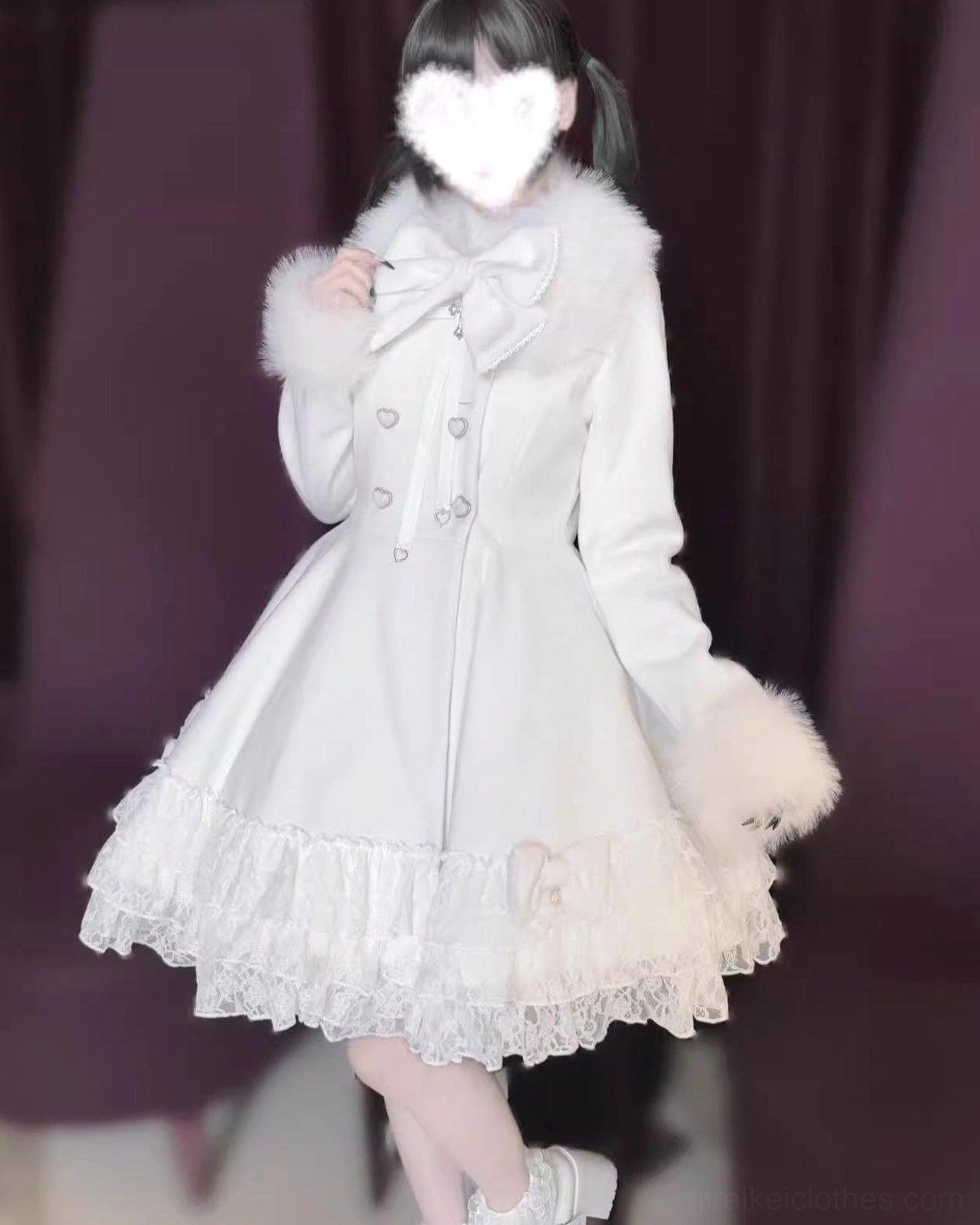 White Jirai Kei winter coat with removable cape showing silhouette and overall construction of detachable cape system