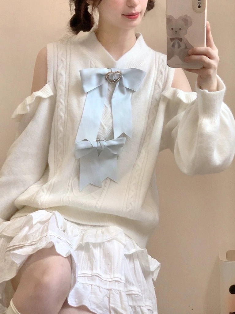 White Jirai Kei sweater short cropped version displayed flat showing full garment proportions and design elements