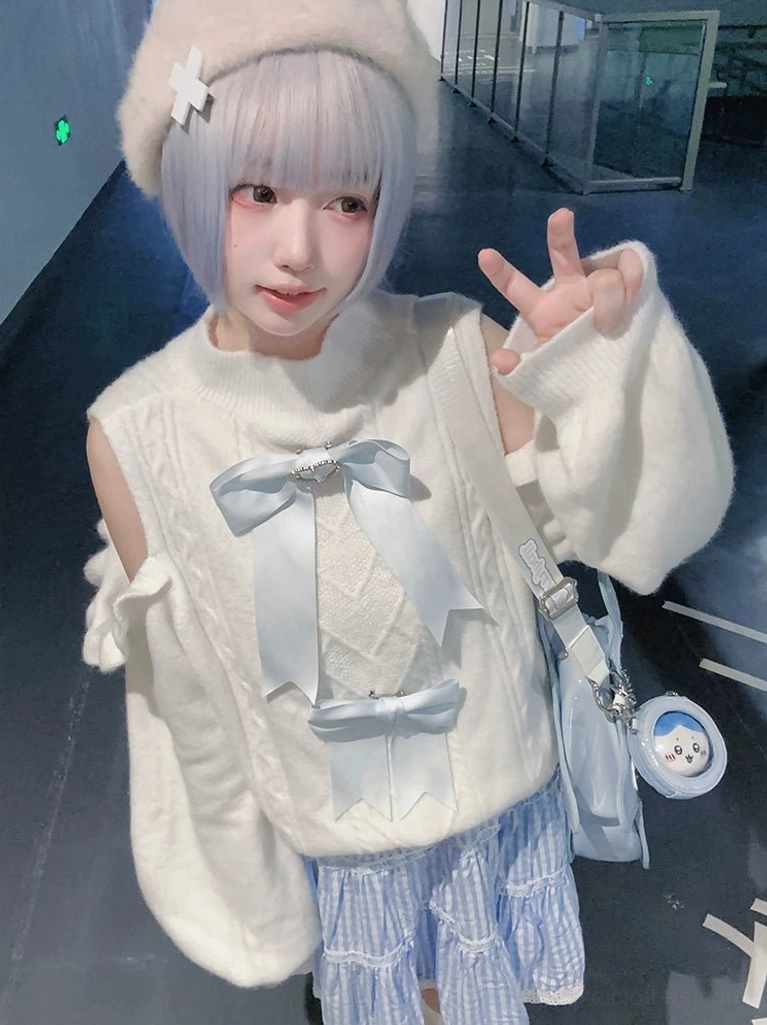 White Jirai Kei cropped sweater short version front view showing stand-collar and off-shoulder design with ruffle trim