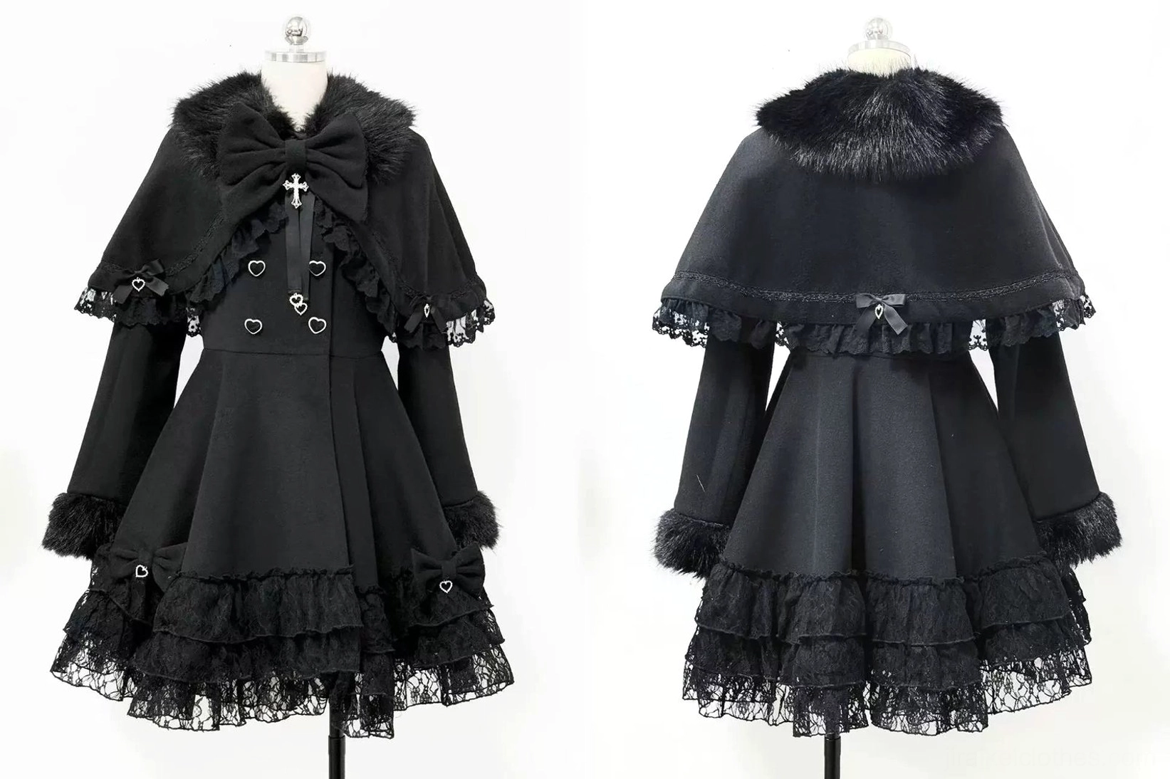Pristine white Jirai Kei detachable cape winter coat with layered lace trim, heart-shaped button closures, and fur collar accents
