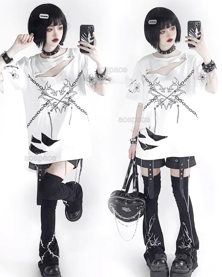 Two models in white oversized jirai kei punk t-shirts with chest cutouts chain print and ripped hem details in mirror reflection shot