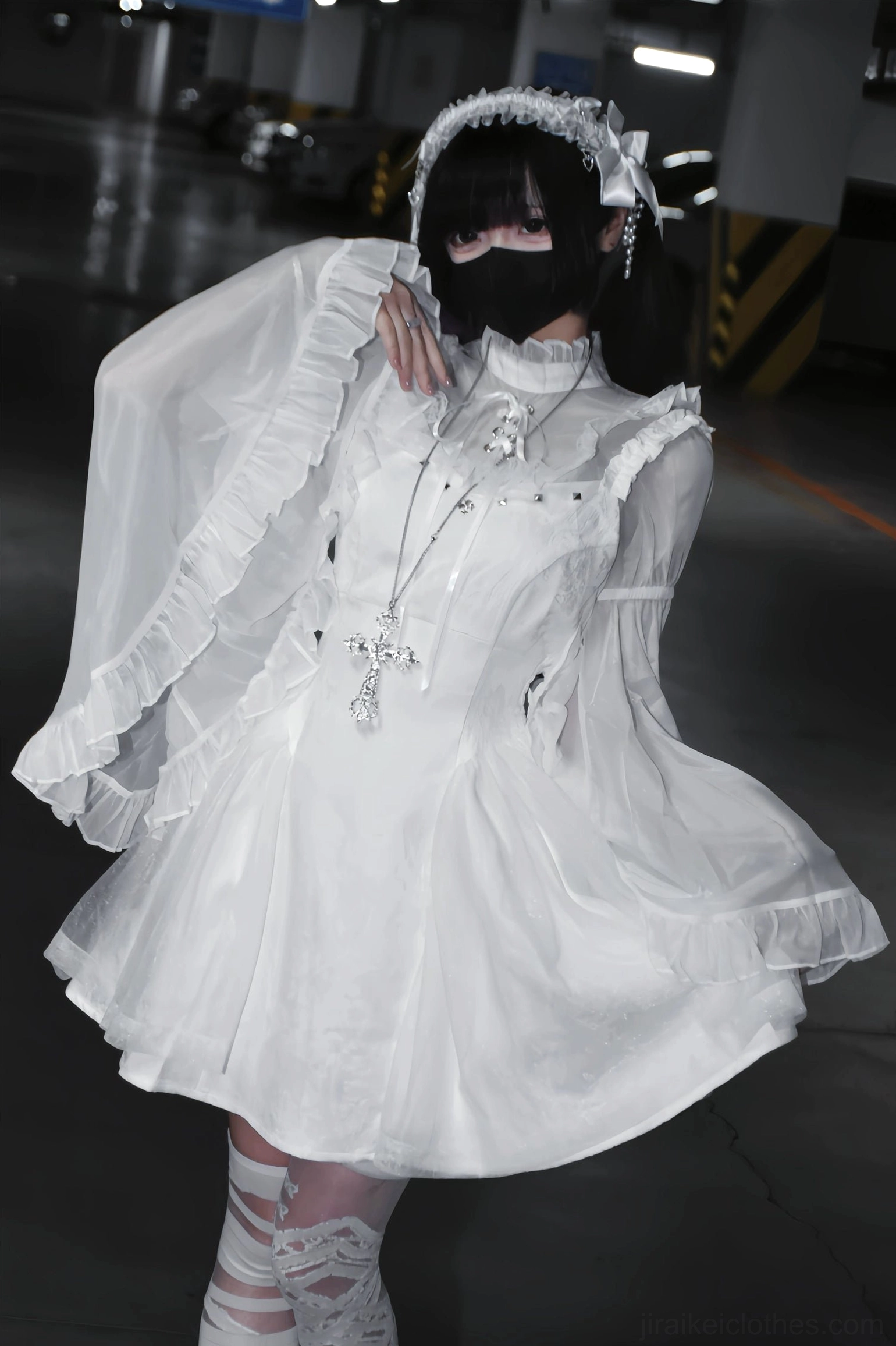 White Jirai Kei dress set low-angle full view cross pendant decoration sheer ruffled cape sleeves face veil headpiece