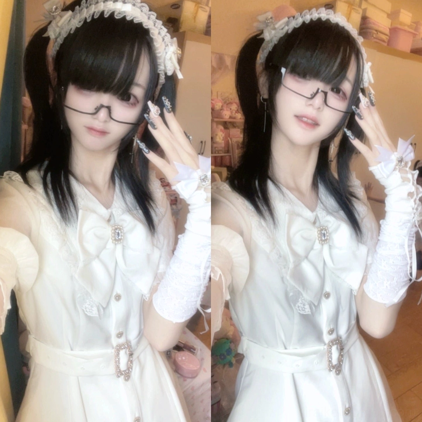 White ruffled bow Jirai Kei dress shorts blouse set with lace arm sleeves jewel buckle glasses accessories close-up selfie