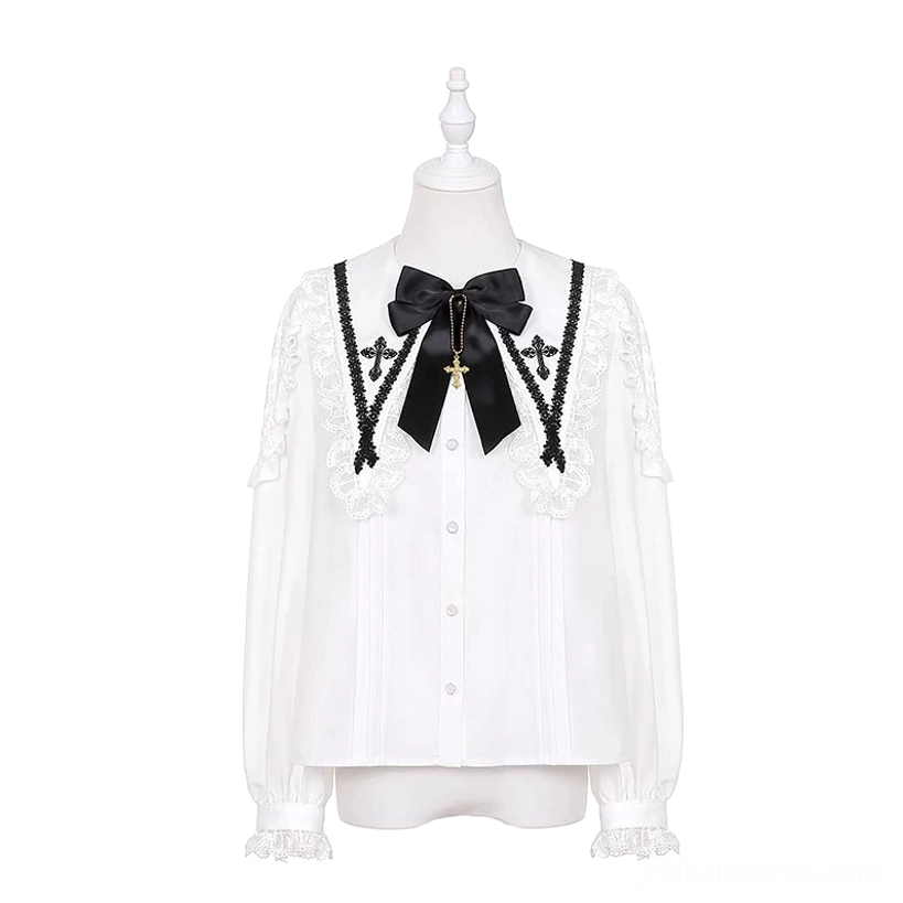 White Jirai Kei flutter sleeve blouse flat lay dress form lace collar black cross pendant bow tie lantern sleeves