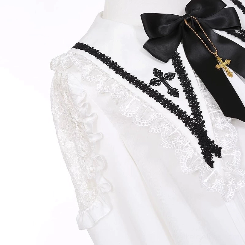 White Jirai Kei flutter sleeve blouse lace pointed collar cross embroidery detachable bow tie front button closure