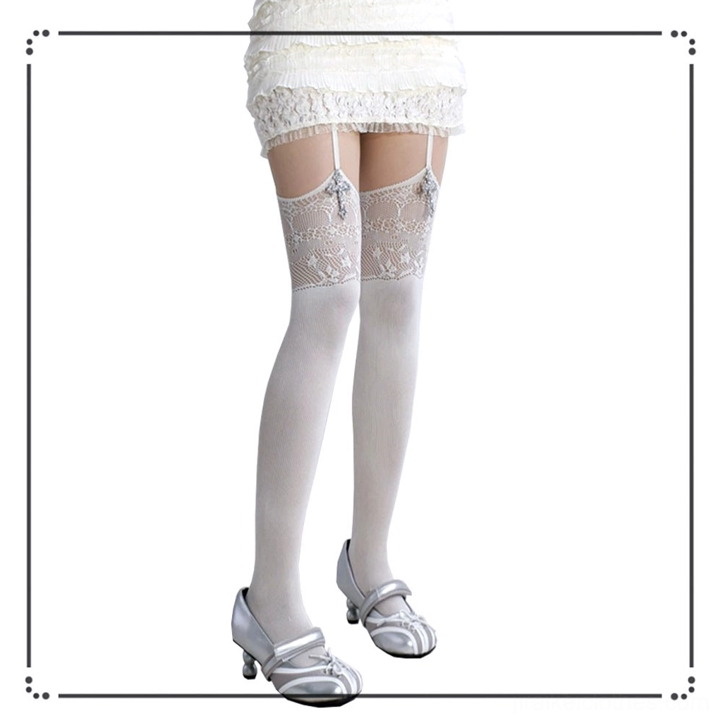 White gothic garter thigh-high stockings with lace cutout and cross pendant decoration, right side view showing sheer hosiery and garter strap