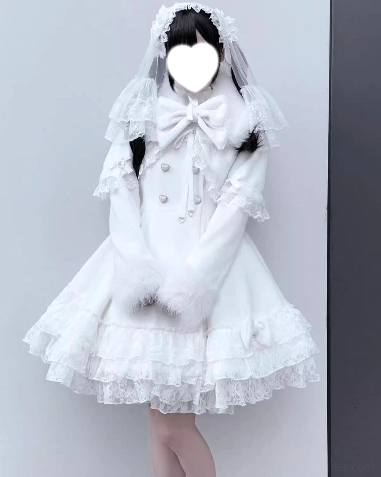 White gothic Jirai Kei coat detail view showing decorative elements, lace ruffles, fur trim, and button closure system