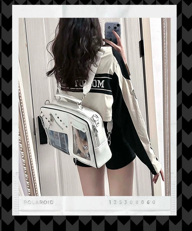 White Jirai Kei ita crossbody bag with clear character display window and structured rectangular shape